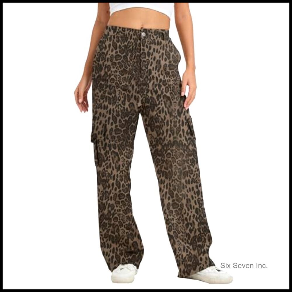 High Waist Wide Leg Cargo Pants Stretchy Pull On Baggy Casual - Picture 2 of 6